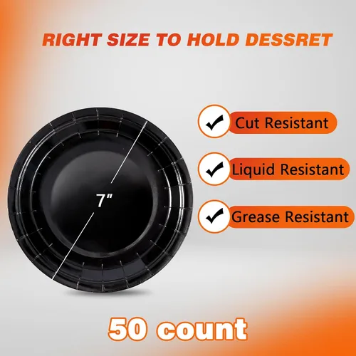 Miniatura 2 de Platos de Papel Desechables Negros, 50 Unidades Platos de Postre para Pastel de 7 Pulgadas a Granel para Suministros de Fiesta, Platos de Fiesta