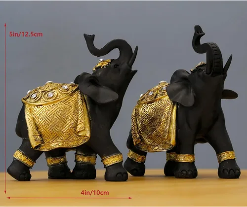 Miniatura 4 de Juego de decoración de elefante de la suerte con troncos – Feng Shui resina negro y dorado pareja elefante figuritas – Par de estatuas de elefantes