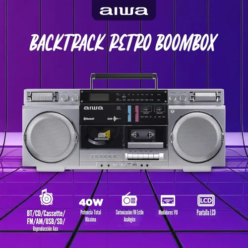 Miniatura 2 de aiwa Reproductor de CD Boombox retro con grabación de cassette, Bluetooth 5.0, radio FM/AM, entradas USB/SD/AUX, medidores VU, pantalla LCD, Plateado