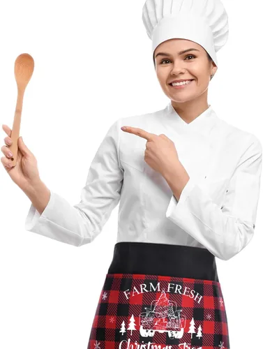 Miniatura 2 de Bencailor 4 Pcs Christmas Server Waitress Aprons with 4 Pockets Buffalo Plaid Half Waist Apron for Xmas Restaurant Party