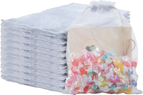 Miniatura 9 de Mstar Pack 100 bolsas de organza, organza transparente gris, recuerdo de boda con cordón, bolsa de regalo de joyería para fiestas, joyas, jabones