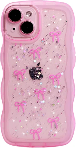 Miniatura 52 de Qokey Funda para iPhone 12 Pro Max de 6.7 pulgadas, diseño de onda rizada, borde transparente, brillante con purpurina, estrella brillante, bonita