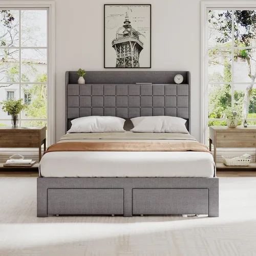 Miniatura 7 de DUMOS Base de cama tapizada de tamaño matrimonial, cama matrimonial con cajones de almacenamiento y cabecera de tela, soporte de listones de madera