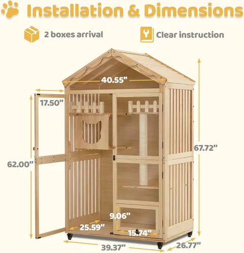 Miniatura 3 de MCombo Casa de madera para gatos de interior, condominio para gatos con entrada, jaula de gatito Catio con puertas y ruedas bloqueables, CT291