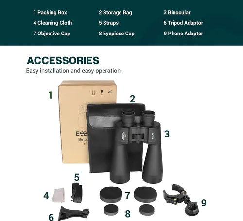 Miniatura 9 de ESSLNB Binoculares Gigantes de Astronomía 15X70 con Adaptador para Teléfono, Adaptador de Trípode y Bolsa de Transporte FMC Binoculares Impermeables