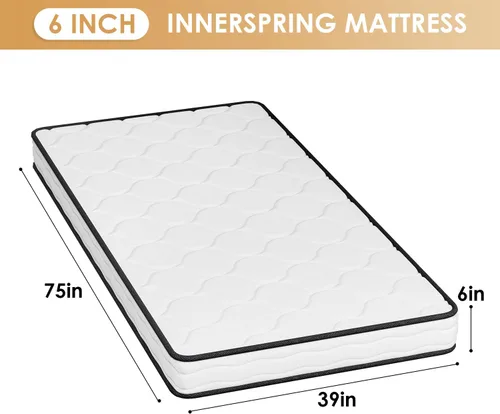 Miniatura 2 de PayLessHere Colchón individual de 6 pulgadas Colchón híbrido de firmeza media Blanco con espuma de alta densidad y funda transpirable Diseño