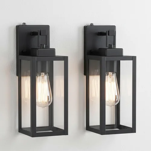 Miniatura 11 de Paquete de 2 apliques para exteriores, farol de pared de 12 pulgadas, aplique exterior pequeño de metal y vidrio, faroles negros para exteriores