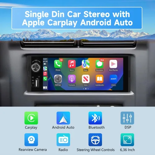 Miniatura 2 de Estéreo de Automóvil de Un Solo DIN, Radio con Pantalla Táctil HD IPS de 6.36 Pulgadas CarPlay y Android Auto con Bluetooth con Cámara de Respaldo