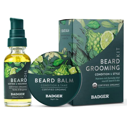 Badger Kit de aseo para barba, aceite para barba y bálsamo para barba, Babassu y jojoba, certificado orgánico, acondicionador sin enjuague para