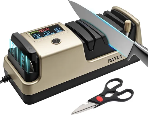 Afilador de cuchillos eléctrico profesional 5 en 1 con pantalla LCD, sacapuntas de tijera con abrasivos de 3 velocidades y 100% diamante, guías de