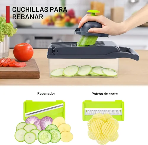 Miniatura 5 de Cortador de verduras con mandolina, picador de verduras, multifuncional 10 en 1, cortador de verduras de cocina, picador de cebolla, queso, cesta