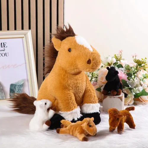 Miniatura 5 de Lenwen 5 piezas de animales de peluche de caballo de 18 pulgadas grande mamá caballo de peluche con 4 bebés en cremallera para nutrir el vientre