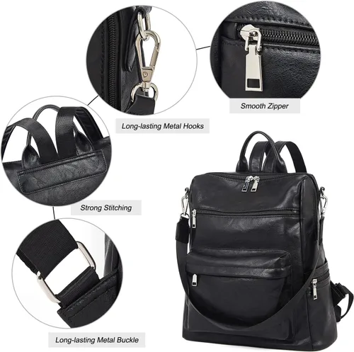 Miniatura 6 de FOXLOVER Mochila de moda para mujer, bolso de hombro grande convertible de cuero para mujer, Negro E, Classic