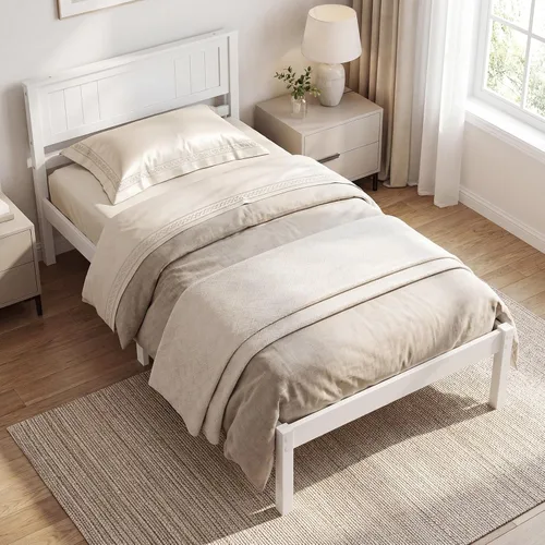 Miniatura 13 de KOMFOTT Marco de Cama de Madera Tamaño Twin con Cabecero, Marco de Cama de Madera Maciza con Soporte de Listones, Almacenamiento Debajo de la Cama