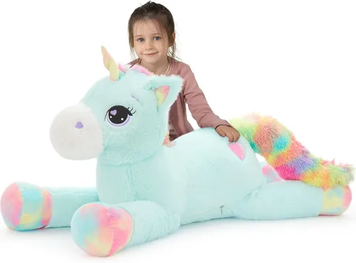 Miniatura 13 de Tezituor Juguetes de peluche de unicornio grande de 43 pulgadas, animales de peluche de unicornio blanco hueso, bonitas decoraciones de cumpleaños