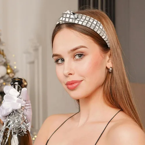 Miniatura 6 de 3 piezas de diadema de discoteca de los años 70 para mujer, diadema con lazo anudado con espejo plateado con purpurina para despedida de soltera