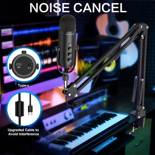 Miniatura 4 de ZealSound Micrófono de podcast con brazo de brazo, micrófono USB con reducción de ruido, silencio, eco y control de volumen, monitoreo de latencia