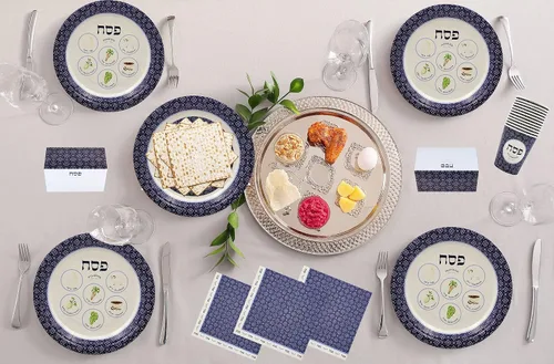 Miniatura 2 de The Dreidel Company Juego de fiesta de artículos de papel con diseño de placa de seder de Pascua (placa de 9 pulgadas, 48 unidades)