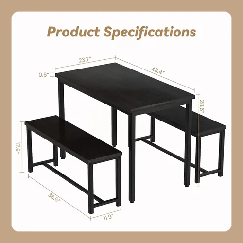Miniatura 4 de Recaceik - Juego de mesa de comedor para 4, juego de mesa de cocina con 2 bancos de cena, mesa de desayuno de granja para apartamento de espacio