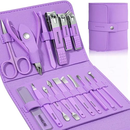 Miniatura 7 de Juego de manicura profesional para cortaúñas y pedicura, 16 piezas de acero inoxidable, herramientas de cuidado de uñas, kit de aseo con lujosa