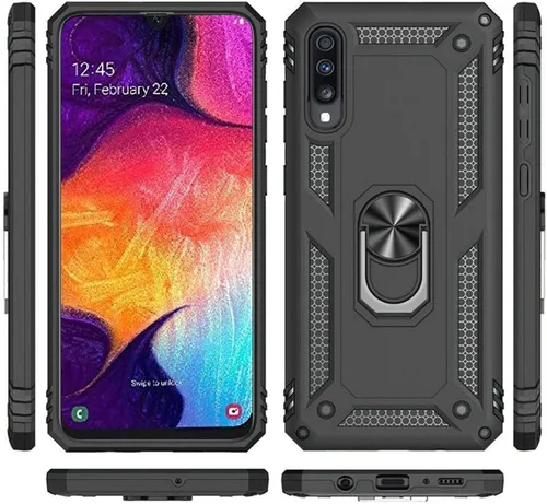 Miniatura 3 de TJS Funda compatible con Samsung Galaxy A50 2019, con protector de pantalla de vidrio templado, anillo de metal, soporte magnético, resistente Negro