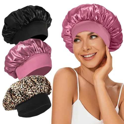 Miniatura 20 de 4 piezas de gorro de satén de seda, gorro de cabello para dormir, gorro de seda elástica de banda ancha para dormir, suave y transpirable
