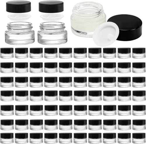 Coloch Paquete de 90 recipientes de muestra de vidrio de 0.2 fl oz con tapa negra, mini tarros de vidrio para cosméticos con forro interior,