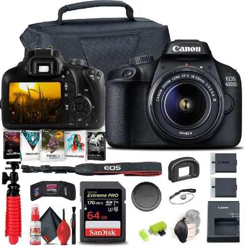 Canon EOS 4000D / Rebel T100 Cámara DSLR con lente de 0.709-2.165 in, tarjeta de memoria de 64GB, funda, software fotográfico, batería LPE10,