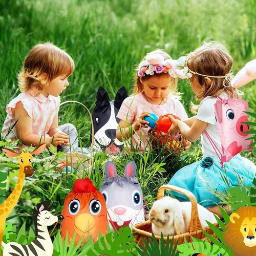 Miniatura 4 de Hillban 16 bolsas de animales con cordón para niños, mochila con cordón para fiestas de niños, con oreja, para safari, cumpleaños (estilo granja)