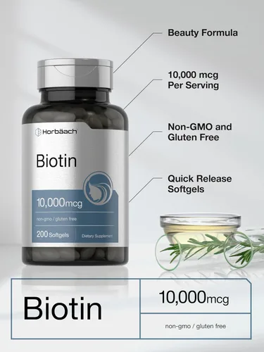Miniatura 4 de Horbäach Biotin 10000 mcg 200 cápsulas blandas con vitamina B7 Suplemento de fórmula de belleza Sin OMG y sin gluten