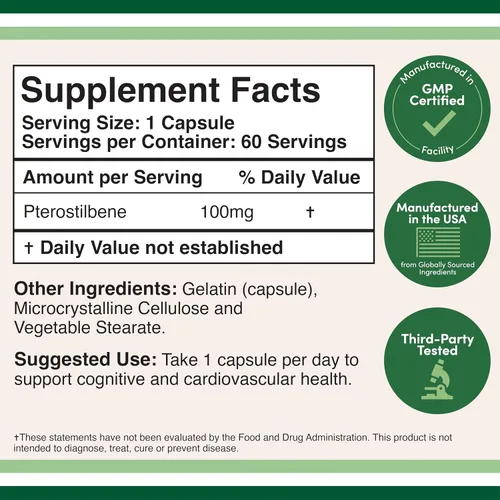 Miniatura 2 de Suplemento de pterostilbeno cápsulas de 100 mg (probado por terceros) 60 cápsulas, superior al resveratrol, antioxidante para apoyo de la longevidad