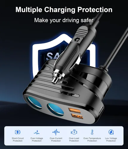 Miniatura 5 de Divisor de encendedor de cigarrillos 5 en 1, adaptador de encendedor de cigarrillos de 120 W con PD 20 W y QC 3.0 * 2 carga, cargador de coche de 12