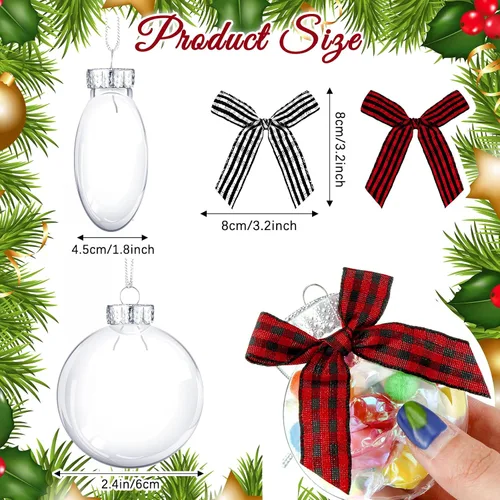 Miniatura 3 de Yookeer 64 discos de plástico para adornos navideños, bolas de plástico iridiscentes transparentes rellenables con tapa plateada y lazos a cuadros