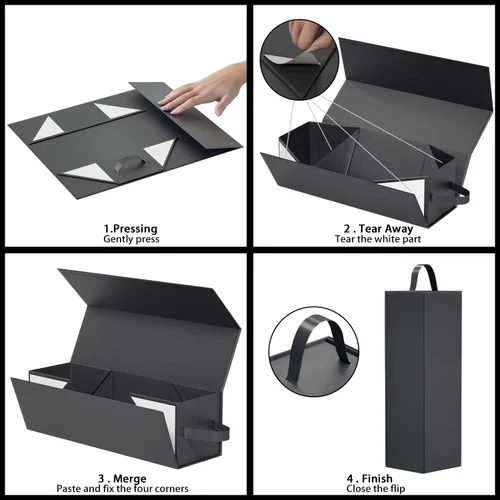 Miniatura 4 de RYDDOY Caja de regalo de vino, 12.8 x 3.7 x 3.7 pulgadas, cajas de botellas de vino negro con asa para licor y champán, cierre magnético, caja