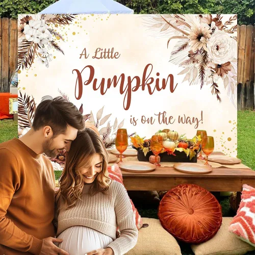 Miniatura 2 de MEHOFOND Telón de fondo de bebé bohemio de otoño, diseño de calabaza pequeña está en camino, fondo bohemio para fotografía de baby shower