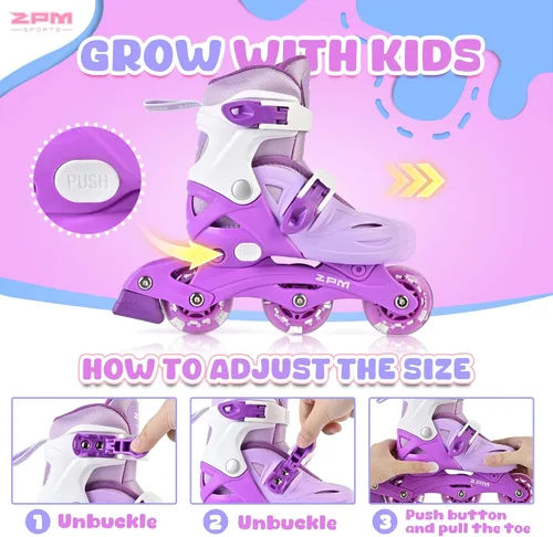 Miniatura 4 de 2PM SPORTS Patines en línea para niños y niñas de 4 a 8, 6 a 12 años, con ruedas iluminadas, cuchillas ajustables para niños y jóvenes principiantes