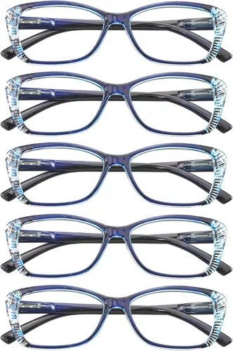 VisionGlobal 5 Pairs Reading Glasses with Spring Hinge, Blue Light Blocking Glasses for Women/Men Gracia-azul