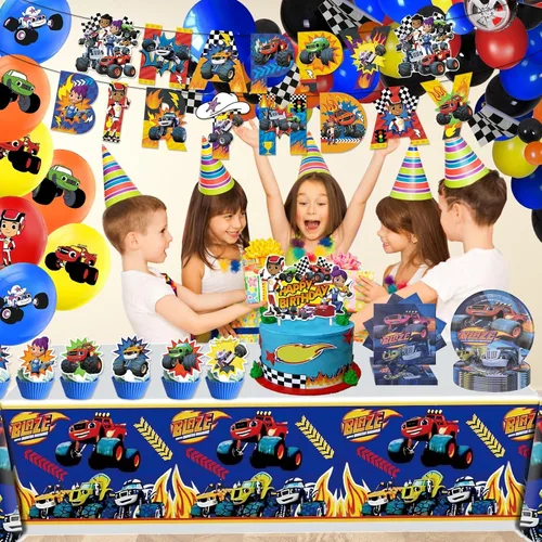 Miniatura 4 de 133 piezas de suministros para fiesta de cumpleaños de Monster Truck, incluye pancarta, bolsa de regalo, sopladores de fiesta, mantel, decoración