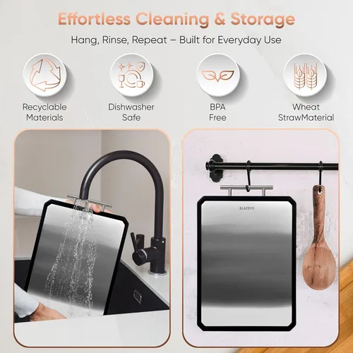 Miniatura 6 de Tabla de cortar de acero inoxidable, resistente y grande de 16 x 11 pulgadas, tabla de cortar de doble cara 2 en 1 para cocina, paja de trigo