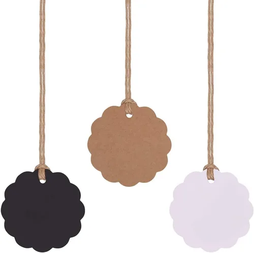 Miniatura 2 de Etiquetas de regalo de papel kraft de 150 quilates con StringTwine negro, blanco, marrón, juego a granel (festoneadas)