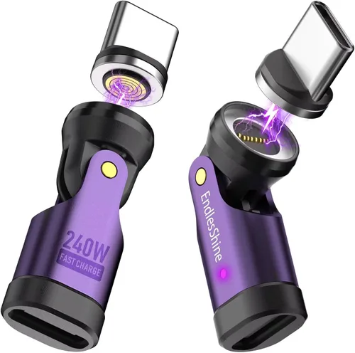 Miniatura 9 de Adaptador magnético USB C a C, 240 W PD de carga rápida de 480 Mbps de datos de 9 pines, conector de ruptura giratorio de 540°, indicador LED