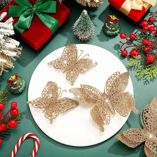 Miniatura 4 de Liliful 32 piezas de adorno de mariposa de purpurina navideña con clip, mariposa hueca, decoración de Navidad artificial, adorno colgante con clip