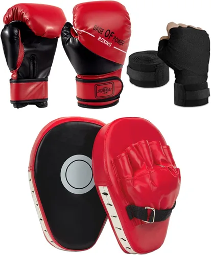 Miniatura 8 de Juego de 3 en 1 de guantes de boxeo y mitones de golpeo para niños, guantes de boxeo deportivos con almohadillas para manos y vendas, juego