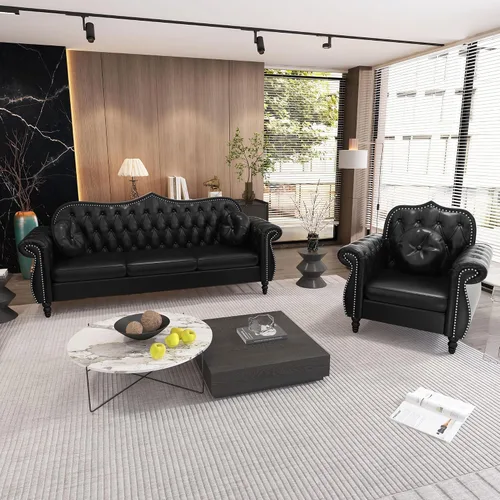 Miniatura 19 de AVZEAR 82" Sofá de tres plazas de cuero, sofá Chesterfield, sofá tapizado en PU de estilo moderno de mediados de siglo, sofá de sala de estar
