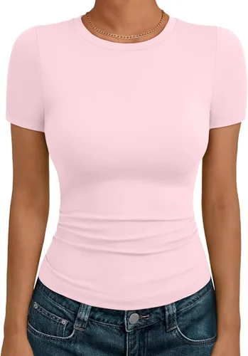 Miniatura 12 de AUTOMET - Camisetas básicas de manga corta para mujer, para verano, entrenamiento o gimnasio, con cuello redondo, ropa moderna estilo Y2K