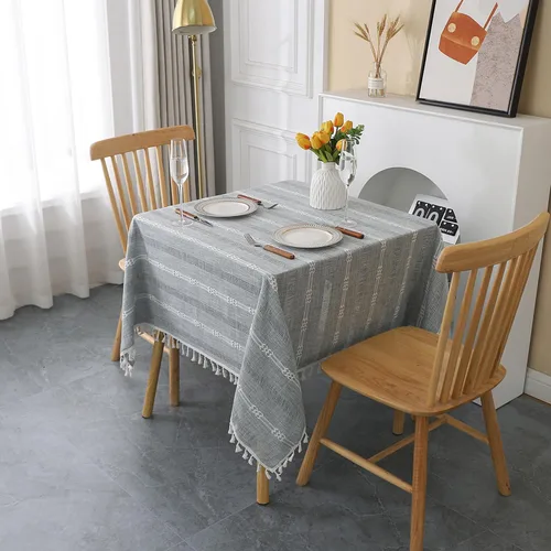 Miniatura 19 de Gernaice Mantel bordado de rayas rústicas y pequeñas con borlas cuadradas de algodón y lino, sin arrugas, lavable, para mesita de noche, café, Blanco