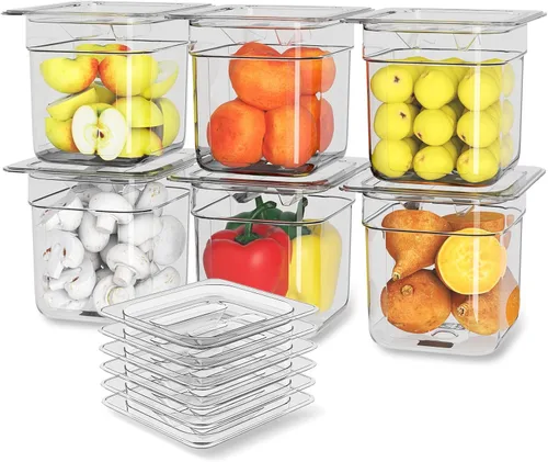 Miniatura 10 de Paquete de 12 bandejas de plástico para alimentos con tapa, tamaño 1/6 de 6 pulgadas de profundidad, recipientes transparentes de almacenamiento