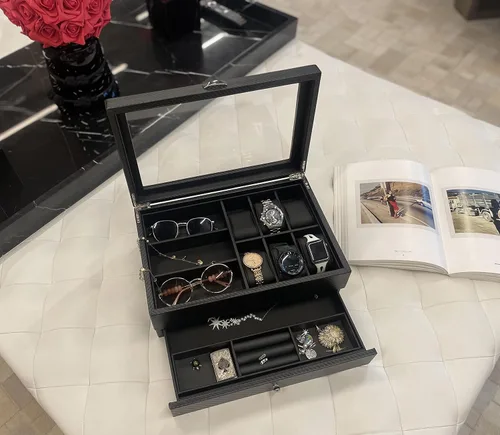 Miniatura 4 de HAUTEROW Caja organizadora de relojes para hombres, caja de joyería, estuche de reloj, organizador de gafas de sol, bandeja de valet, organizador