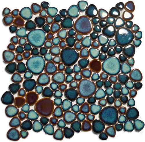 Miniatura 2 de Hominter Azulejo entrelazado de guijarros de porcelana azul turquesa azul aguamarina montado en malla de 12 x 12 pulgadas, azulejos de cerámica