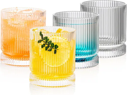 Juego de 4 vasos de vidrio acanalado, vasos de vidrio vintage de 10.3 fl oz, vasos de cóctel, cristalería acanalada de bola baja, juego de